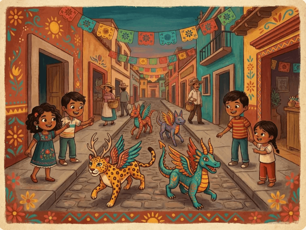 Illustration from a Ya Leo book: children and colorful alebrijes on a Mexican street