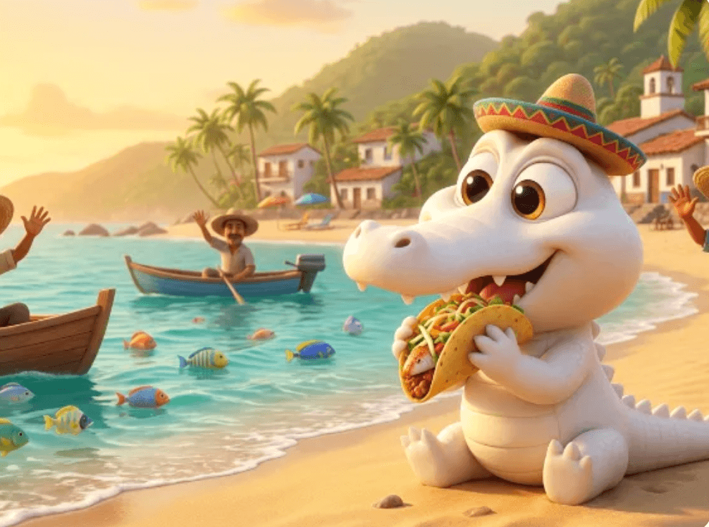 Illustration from a Ya Leo book: a white alligator eating a taco on a beach